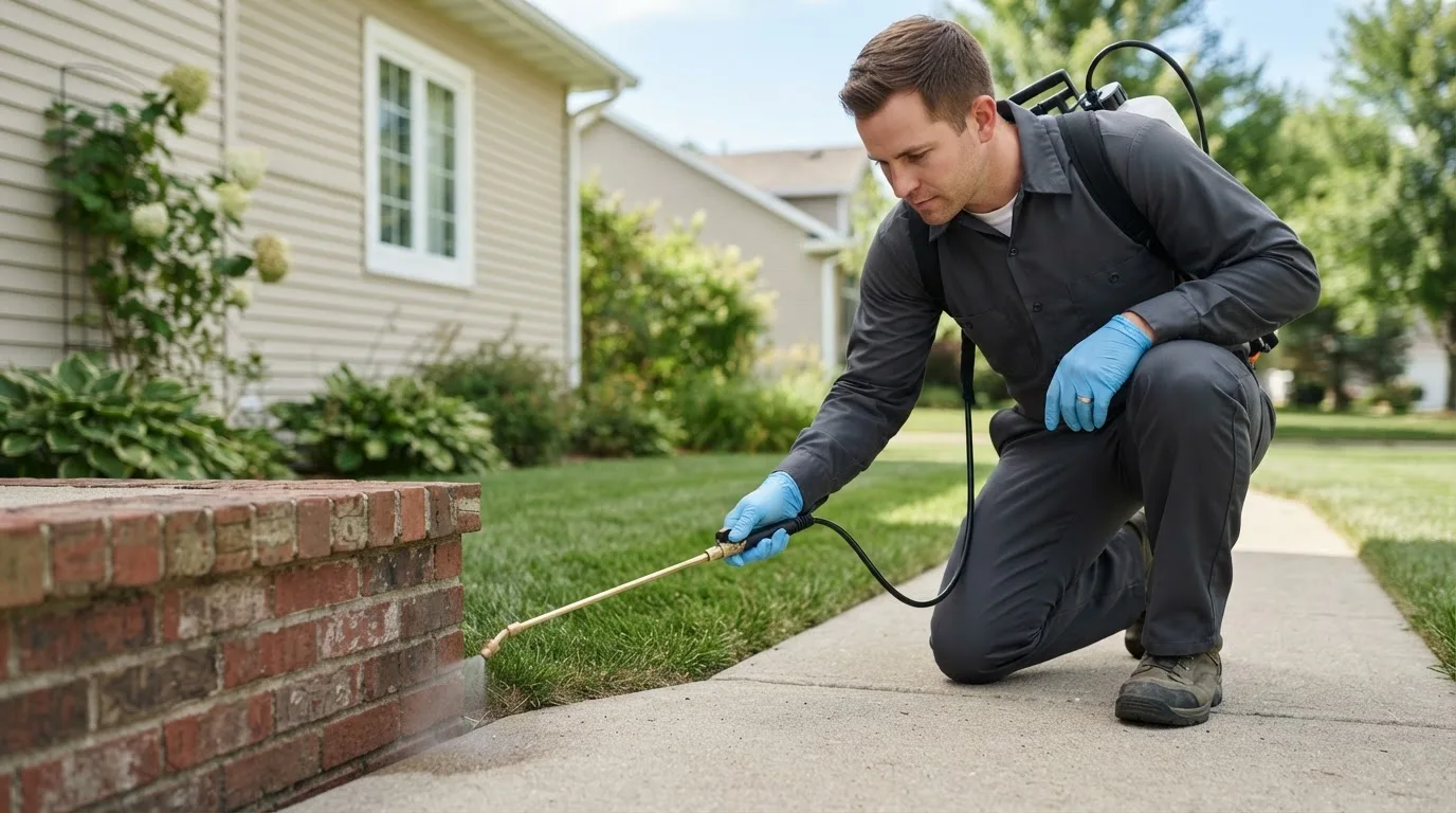 Pest control technician treating a home near Faribault, MN