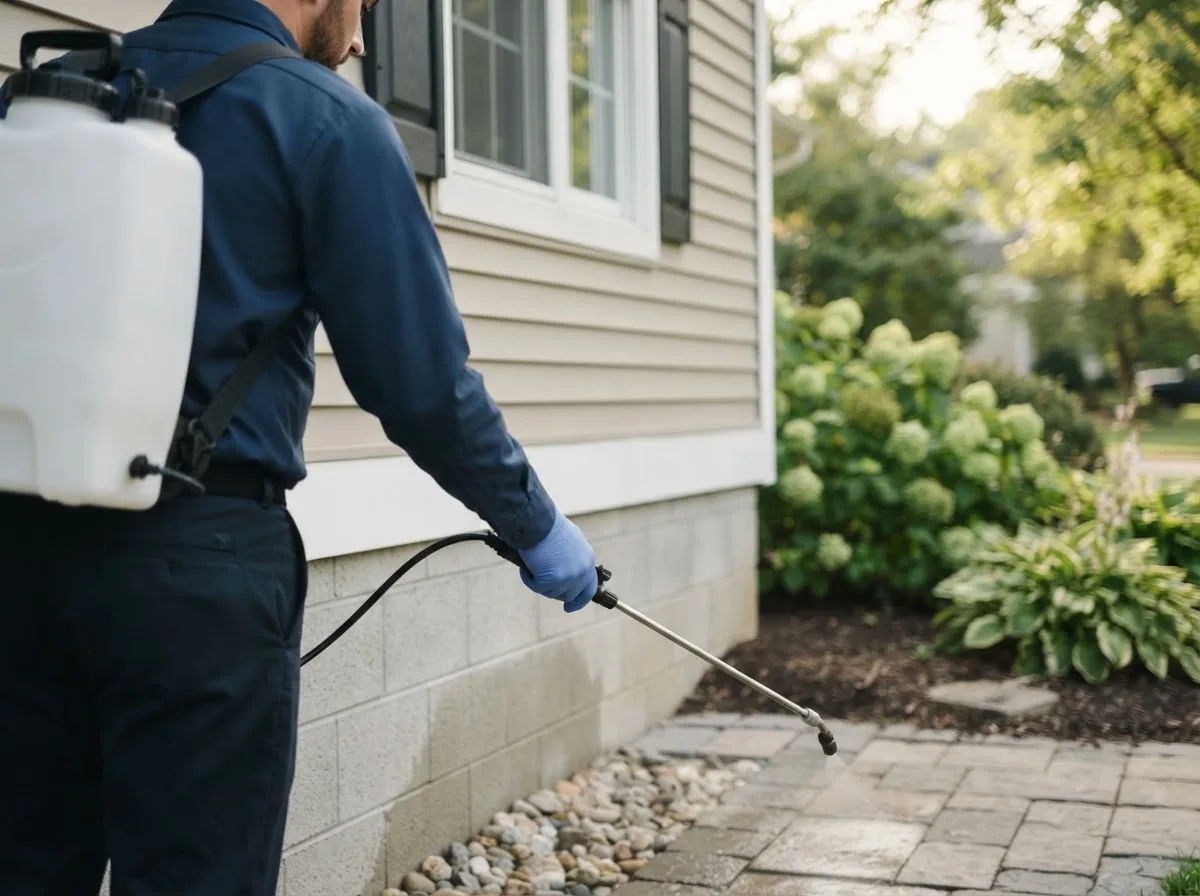Pest control technician inspecting a home in Faribault, MN